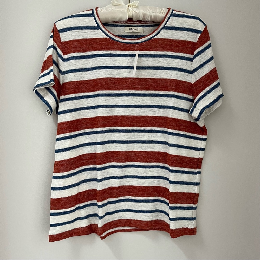 Madewell burnt orange and navy striped tee.